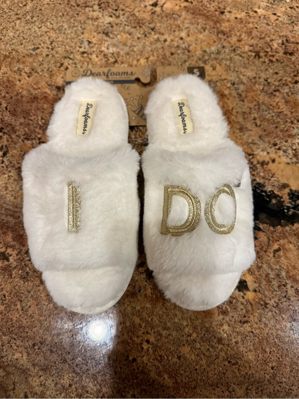 dearfoams White Plush Slide Slippers with Gold 'I DO' Embroidery